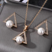 Triangle Crystal & Pearl Gold Earring & Necklace Set