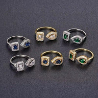 Luxury Crystal Pear & Cube Open Adjustable Ring - Green, Clear & Blue Options