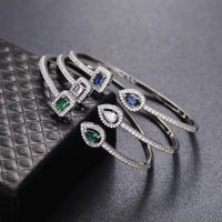 Luxury Crystal Pear & Cube Open Cuff Bracelet - Green, Clear & Blue Options
