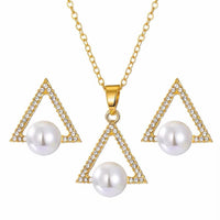 Triangle Crystal & Pearl Gold Earring & Necklace Set