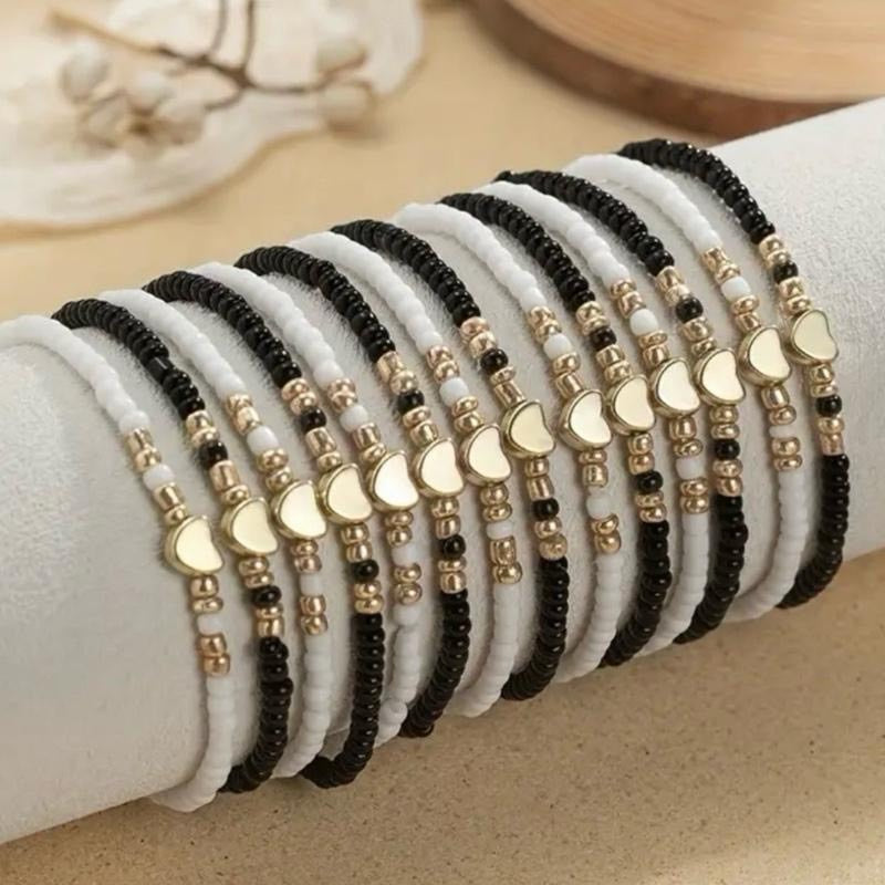 Gold Tone Stretch Bracelet Set - Beads and Heart Charm - One of Each Colour