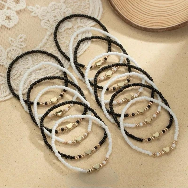 Gold Tone Stretch Bracelet Set - Beads and Heart Charm - One of Each Colour