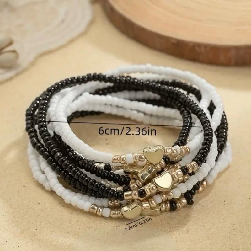 Gold Tone Stretch Bracelet Set - Beads and Heart Charm - One of Each Colour