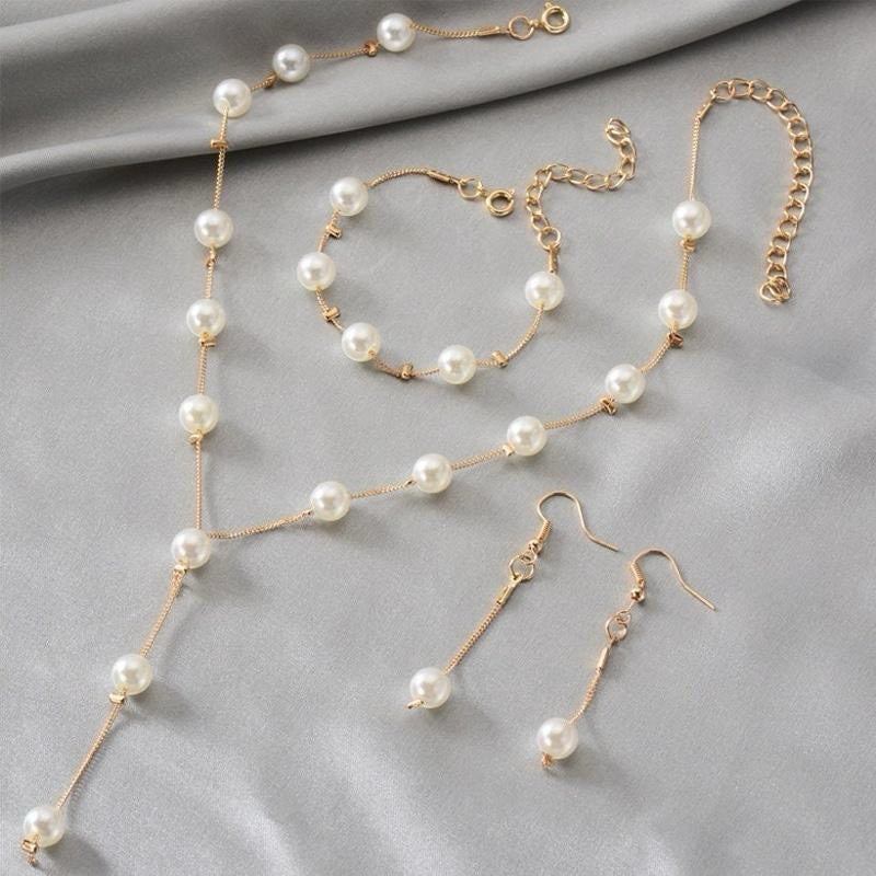 Three Piece Pearl Drop Necklace, Bracelet & Earring Set in Gold or Silver