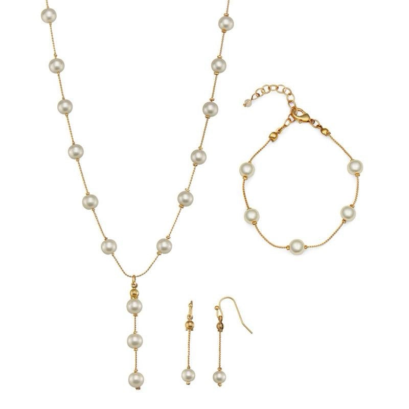 Three Piece Pearl Drop Necklace, Bracelet & Earring Set in Gold or Silver