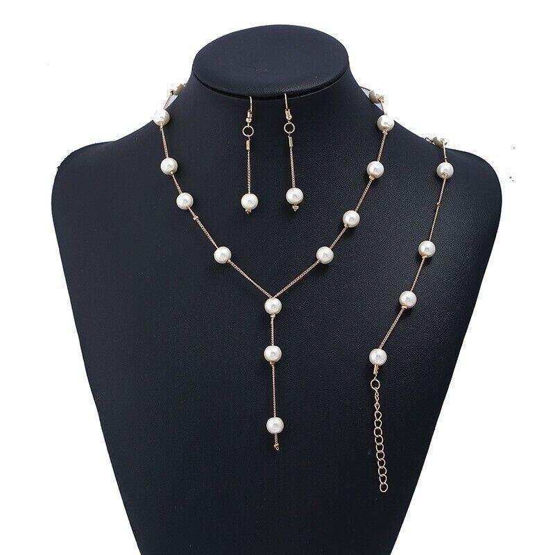 Three Piece Pearl Drop Necklace, Bracelet & Earring Set in Gold or Silver