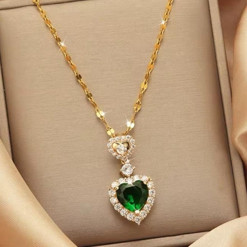 Crystal Green Heart Drop Earring and Necklace Set for Women