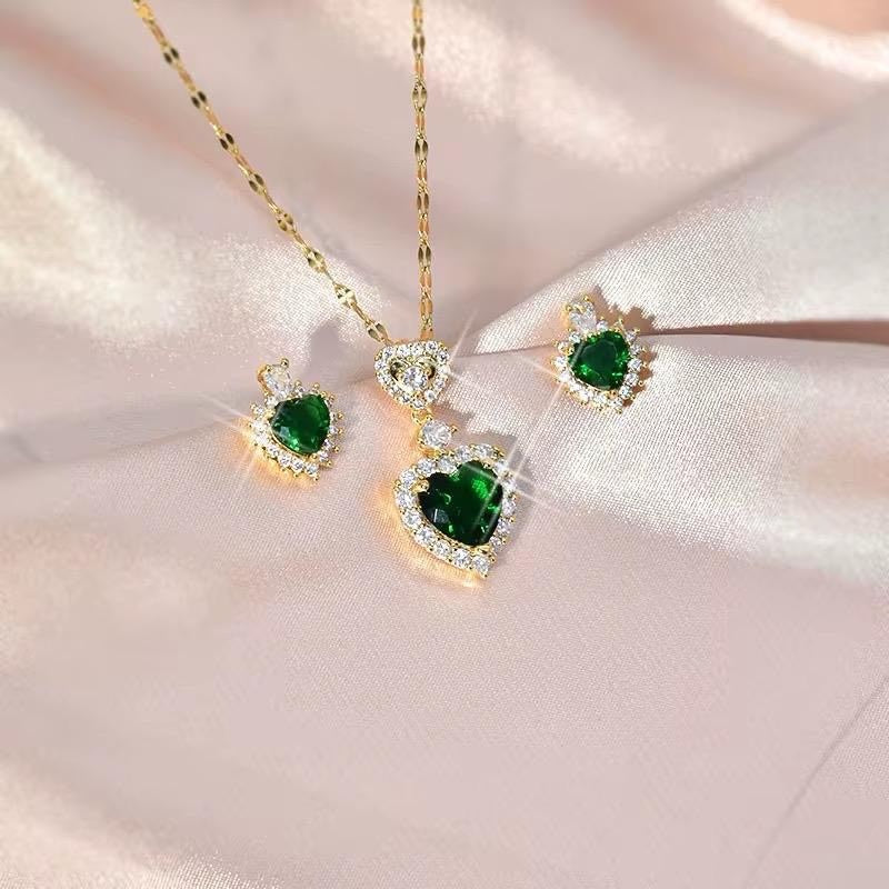 Crystal Green Heart Drop Earring and Necklace Set for Women