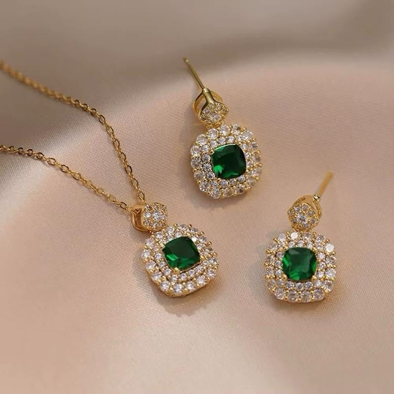 Crystal Green Square Earring and Necklace Set for Women