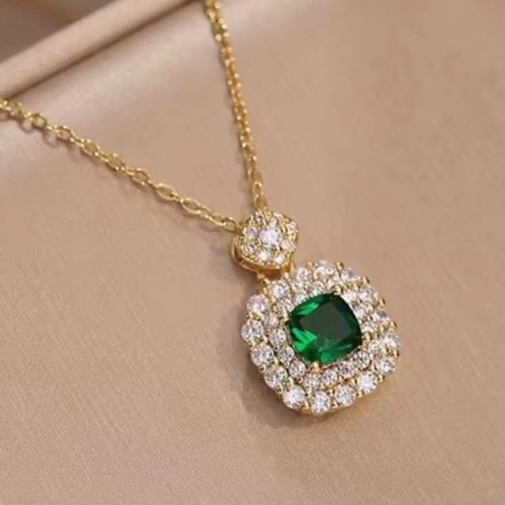 Crystal Green Square Earring and Necklace Set for Women