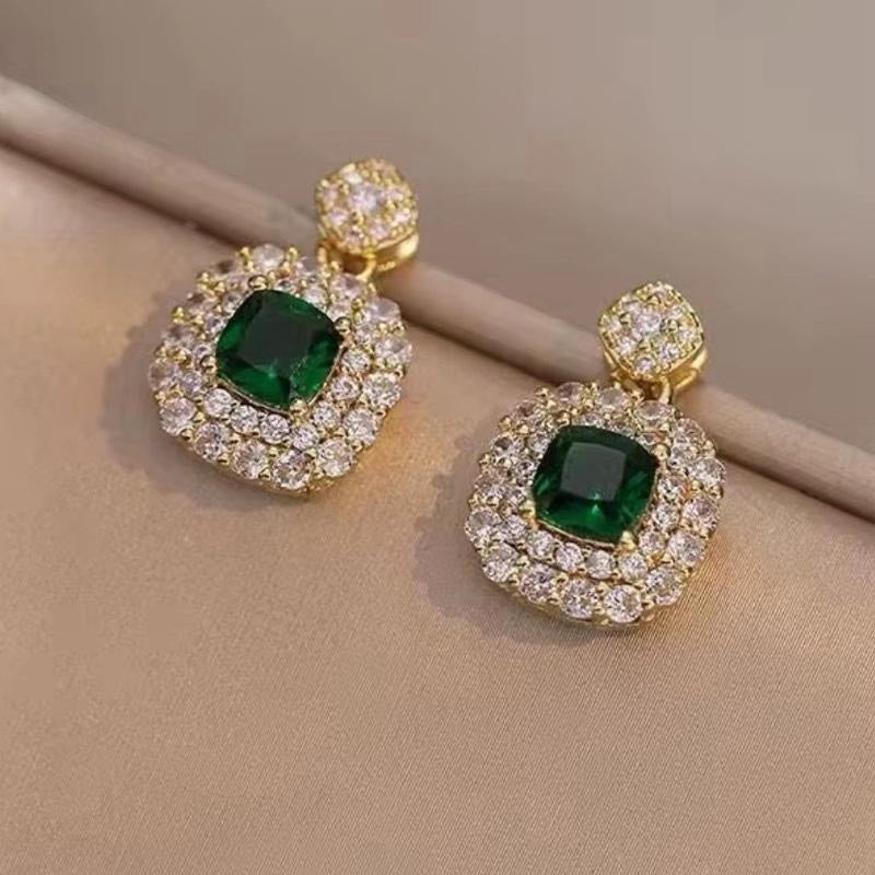 Crystal Green Square Earring and Necklace Set for Women