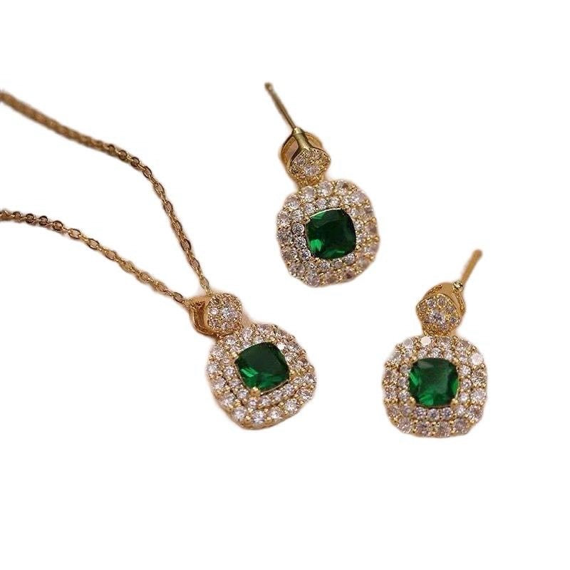Crystal Green Square Earring and Necklace Set for Women