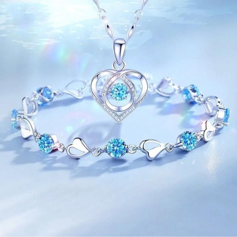 Love Heart Crystal Set - Necklace and Bracelet in Clear or Blue
