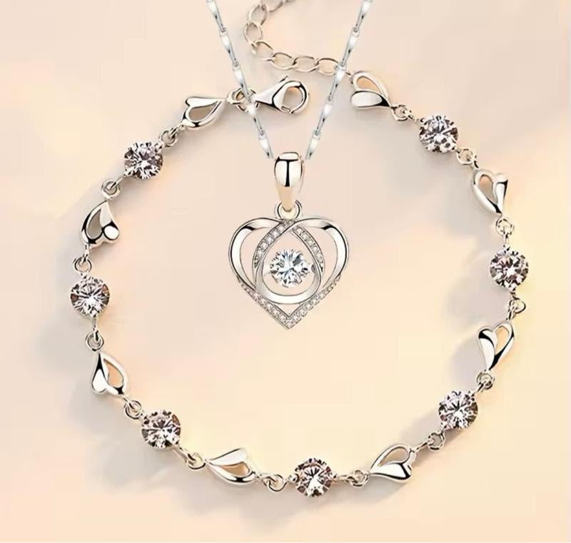 Love Heart Crystal Set - Necklace and Bracelet in Clear or Blue