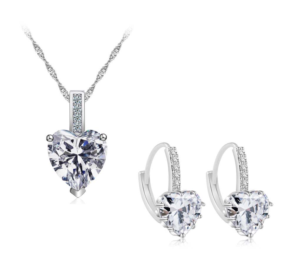 7.5 Carat Heart Cut Clear Simulated Sapphire Rhodium Plated Earring & Pendant Set