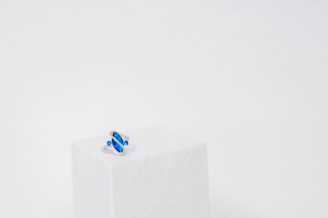 2.5 Carat Marquis Cut Blue Simulated Sapphire Rhodium Plated Ring