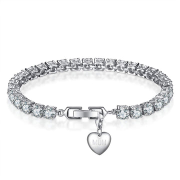 7CT BRILLIANT CUT SIMULATED SAPPHIRE RHODIUM PLATED TENNIS BRACELET WITH CHARM