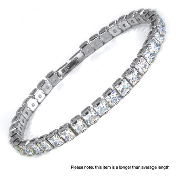 Silver toned rhodium plated bracelet featuring square cut, clear crystals finished with a secure and subtle clasp.