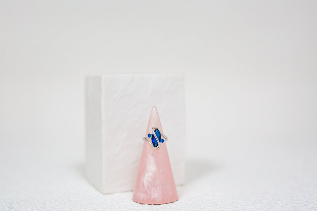 2.5 Carat Marquis Cut Blue Simulated Sapphire Rhodium Plated Ring