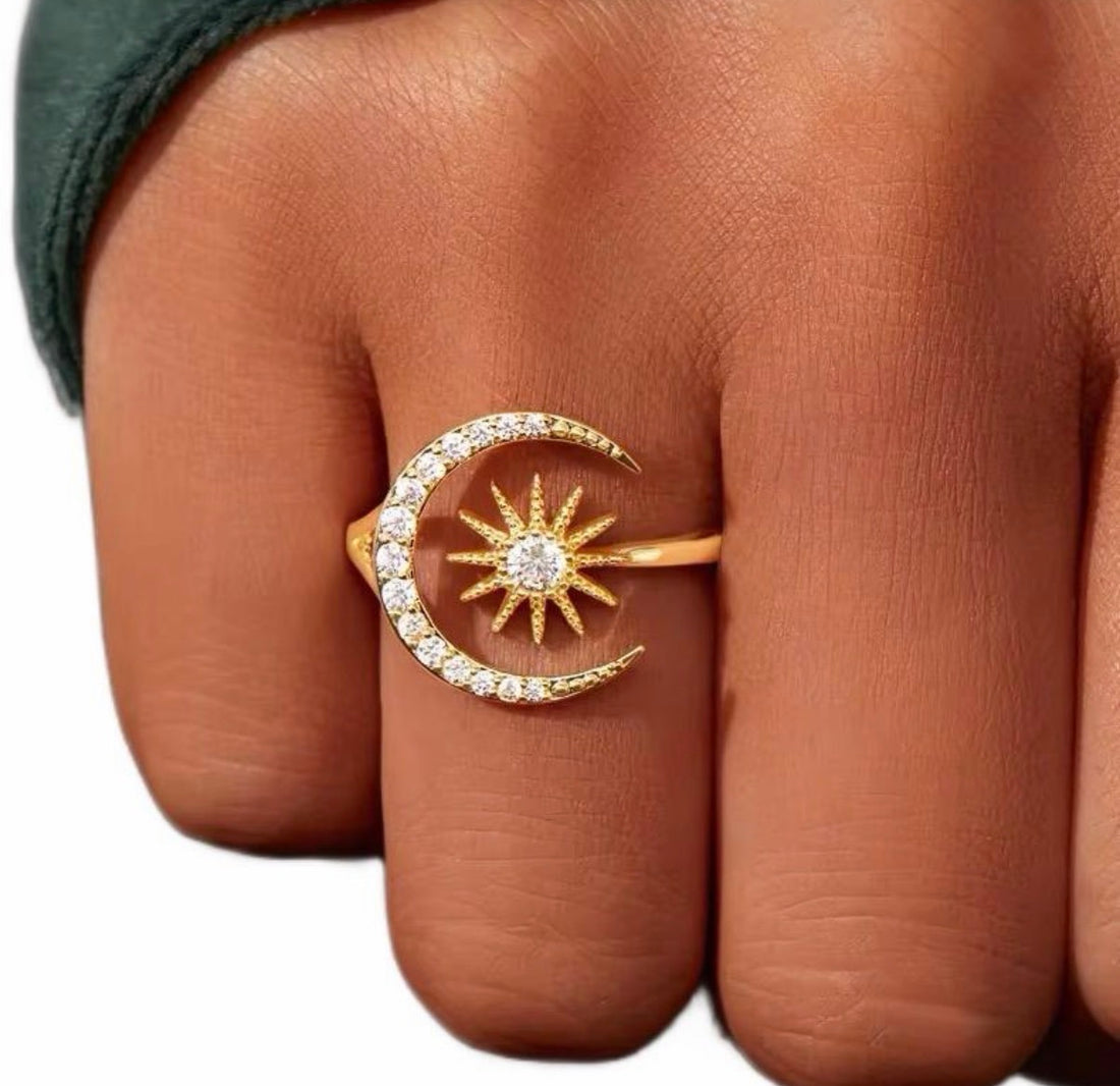 Crystal Adjustable Moon & Star Gold Ring