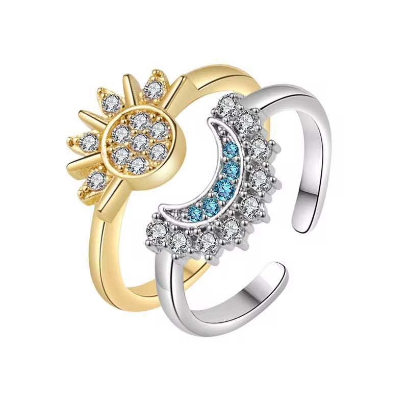 Sun & Moon Forever Best Friends Crystal Encrusted Silver & Gold Adjustable Ring Set