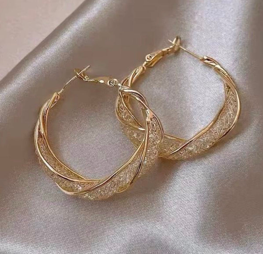 Twisted Crystal Mesh Hoop Earrings in Gold or Silver
