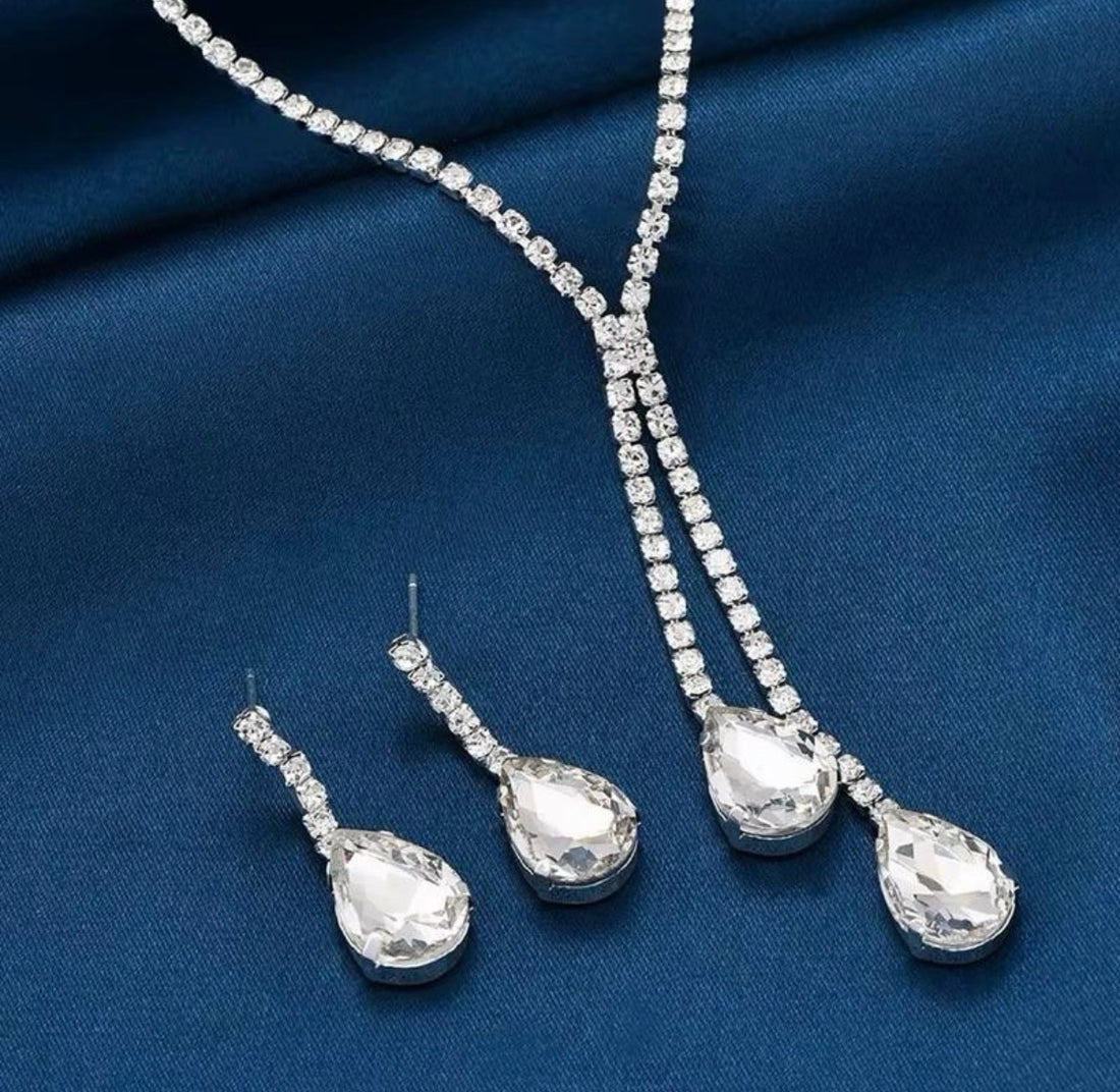 Crystal Double Water Drop 2 Piece Necklace & Earrings Set