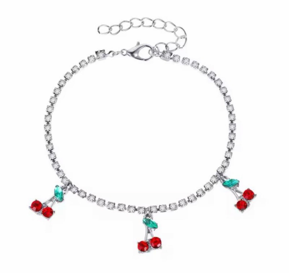 Crystal Cherry Adjustable Anklet in Gold or Silver