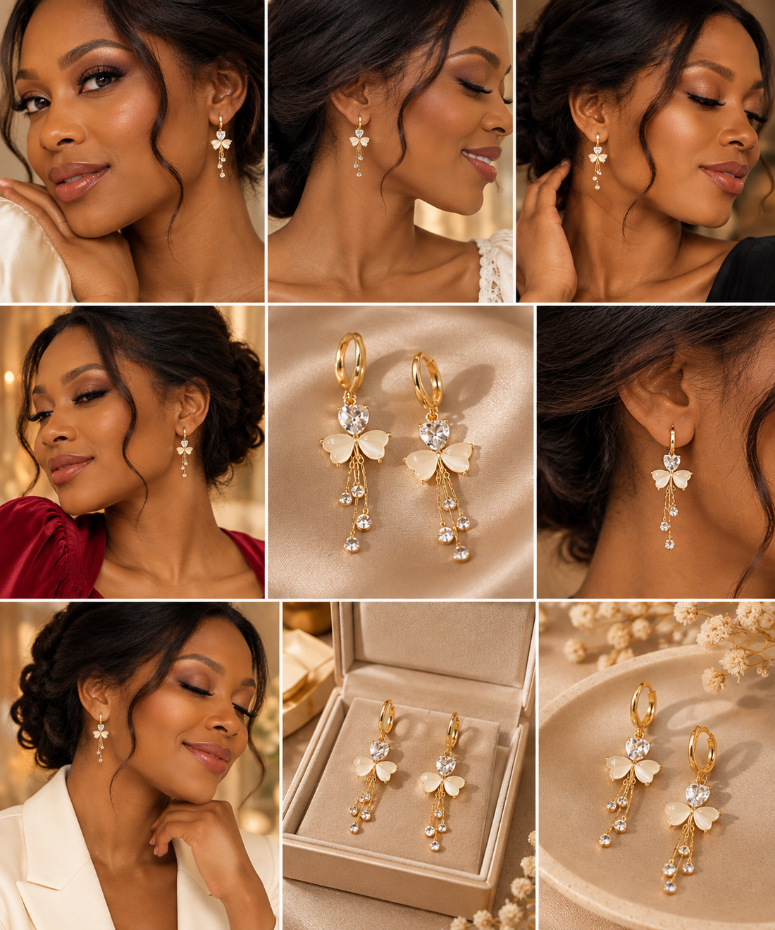 Crystal Clover Heart Tassel Drop Earrings