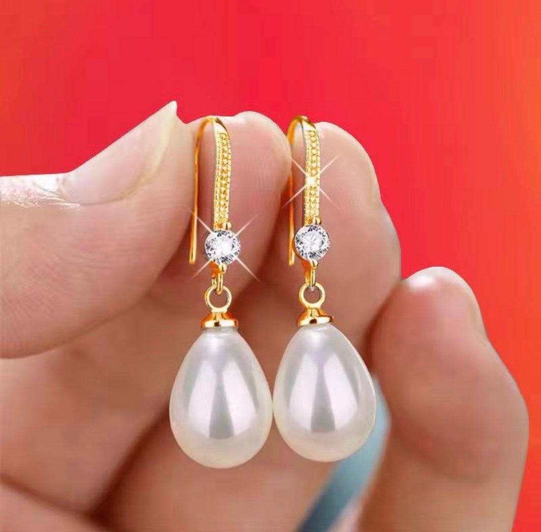 Crystal & Pearl Water Droplet Earrings available in Gold or Silver
