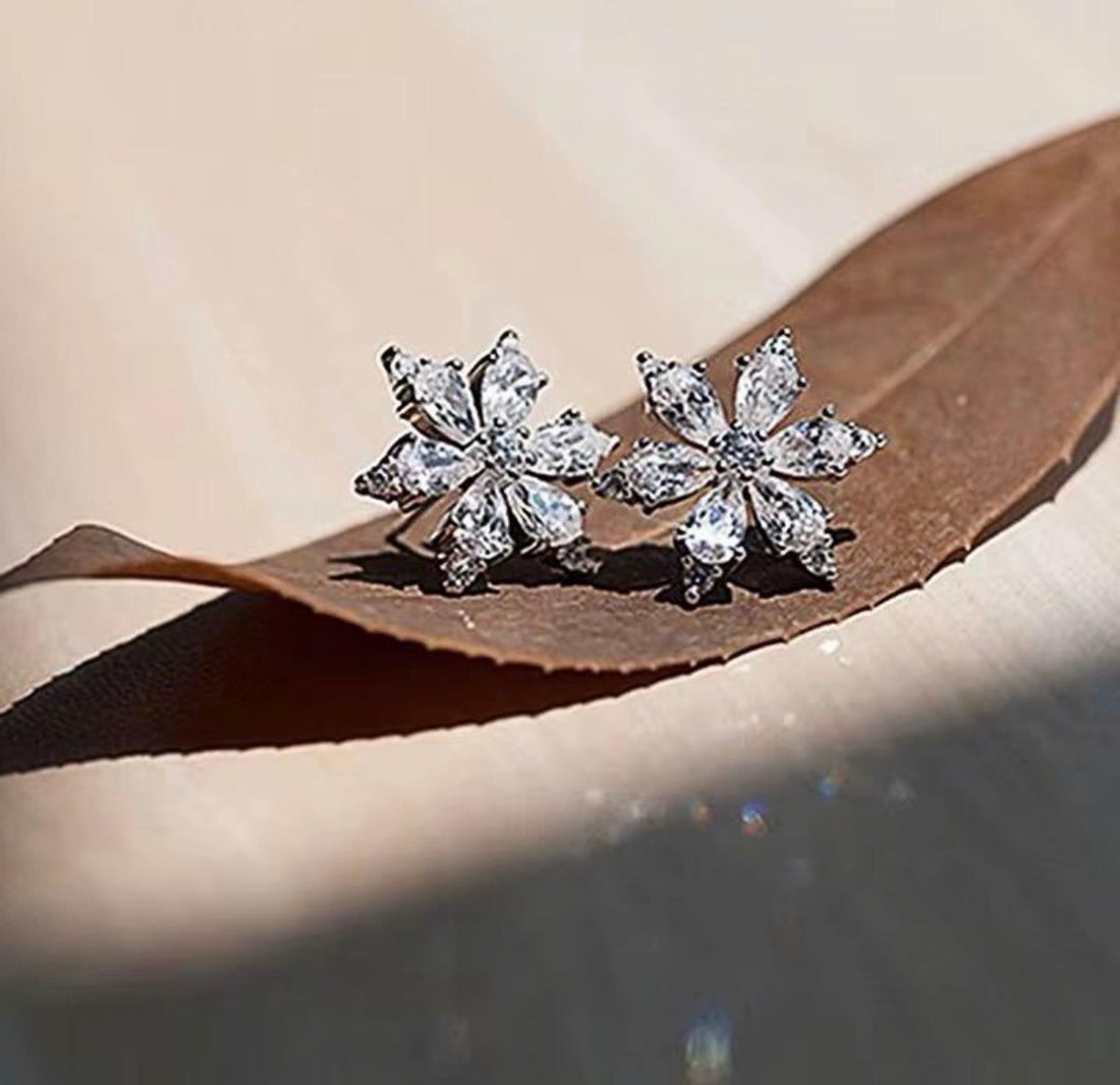 Crystal Six Petal Stud Earrings available in Gold or Silver