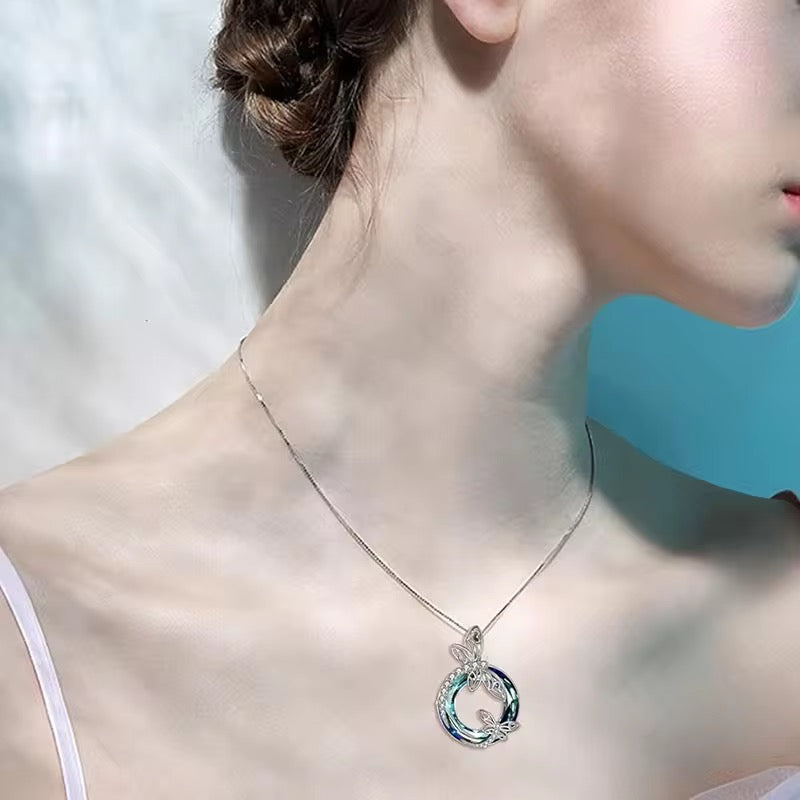 Elegant Dragonfly Crystal Circle Pendant Necklace