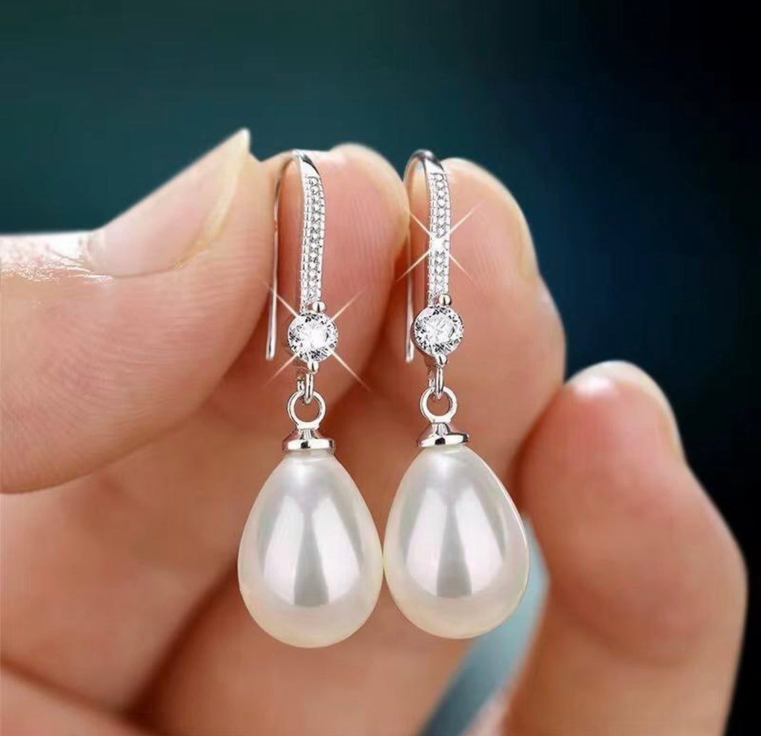 Crystal & Pearl Water Droplet Earrings available in Gold or Silver