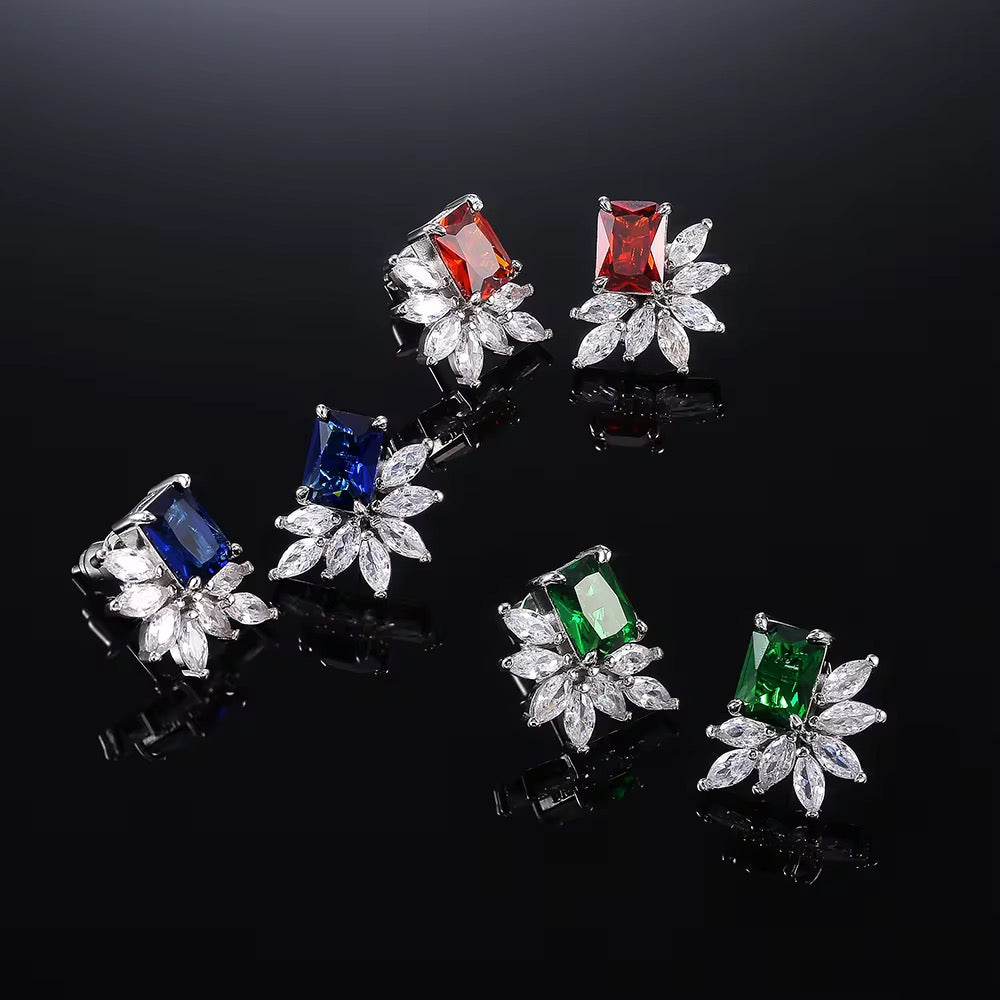 Crystal Cluster Stud Earrings available in Green, Red & Blue