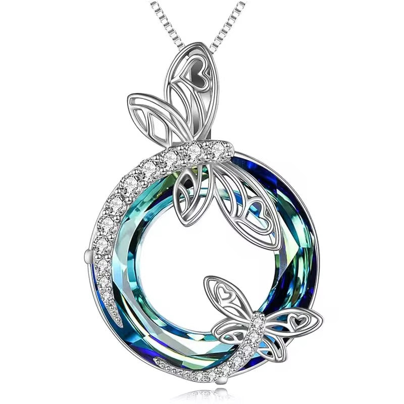 Elegant Dragonfly Crystal Circle Pendant Necklace