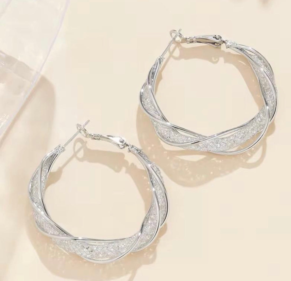 Twisted Crystal Mesh Hoop Earrings in Gold or Silver
