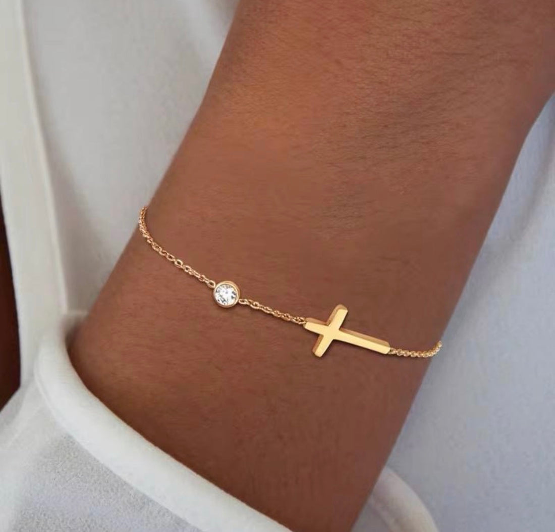 Minimal Elegant Cross Bracelet with Crysal available in Gold, Silver & Rose Gold