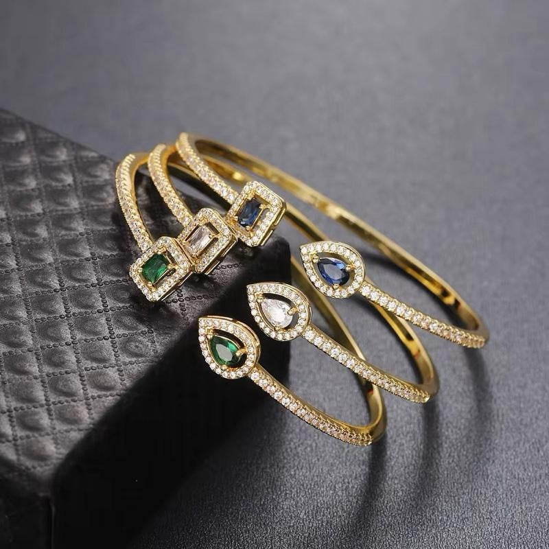 Luxury Crystal Pear & Cube Open Cuff Bracelet - Green, Clear & Blue Options