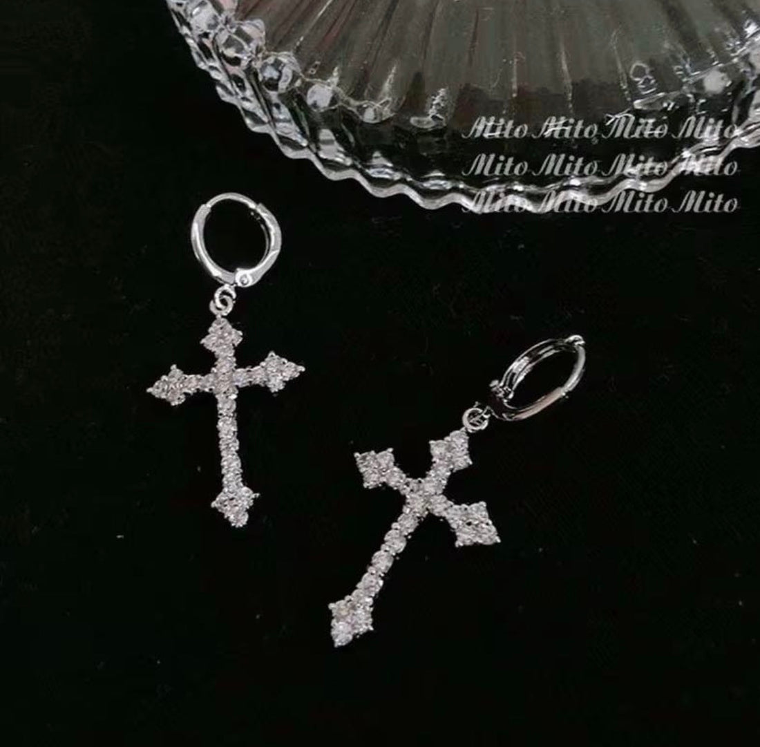 Crystal Hoop Drop Charm Cross Earrings