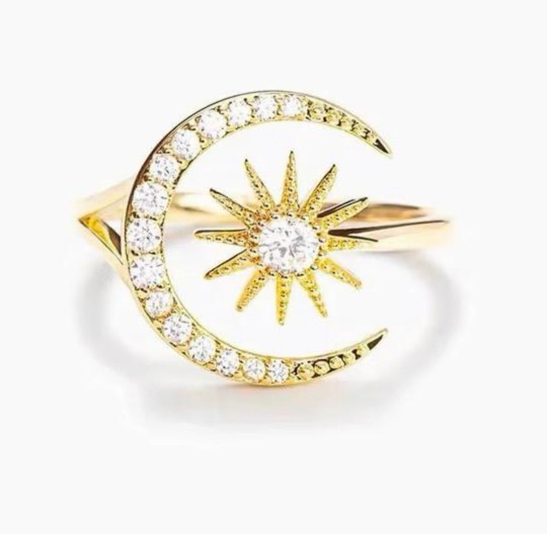 Crystal Adjustable Moon & Star Gold Ring