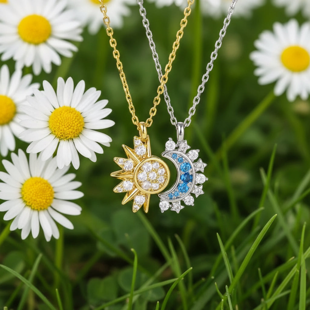 Sun & Moon Forever Best Friends Crystal Encrusted Silver & Gold
Adjustable Pendant Set