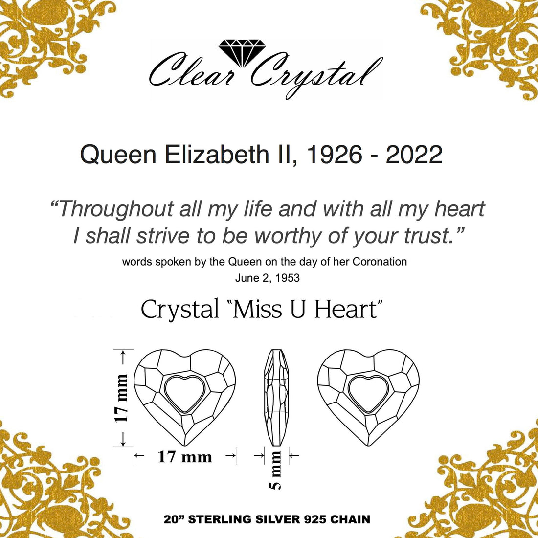 Queen Elizabeth II Remembrance Necklace with “Miss U Heart” Crystal