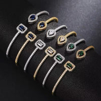 Luxury Crystal Pear & Cube Open Cuff Bracelet - Green, Clear & Blue Options