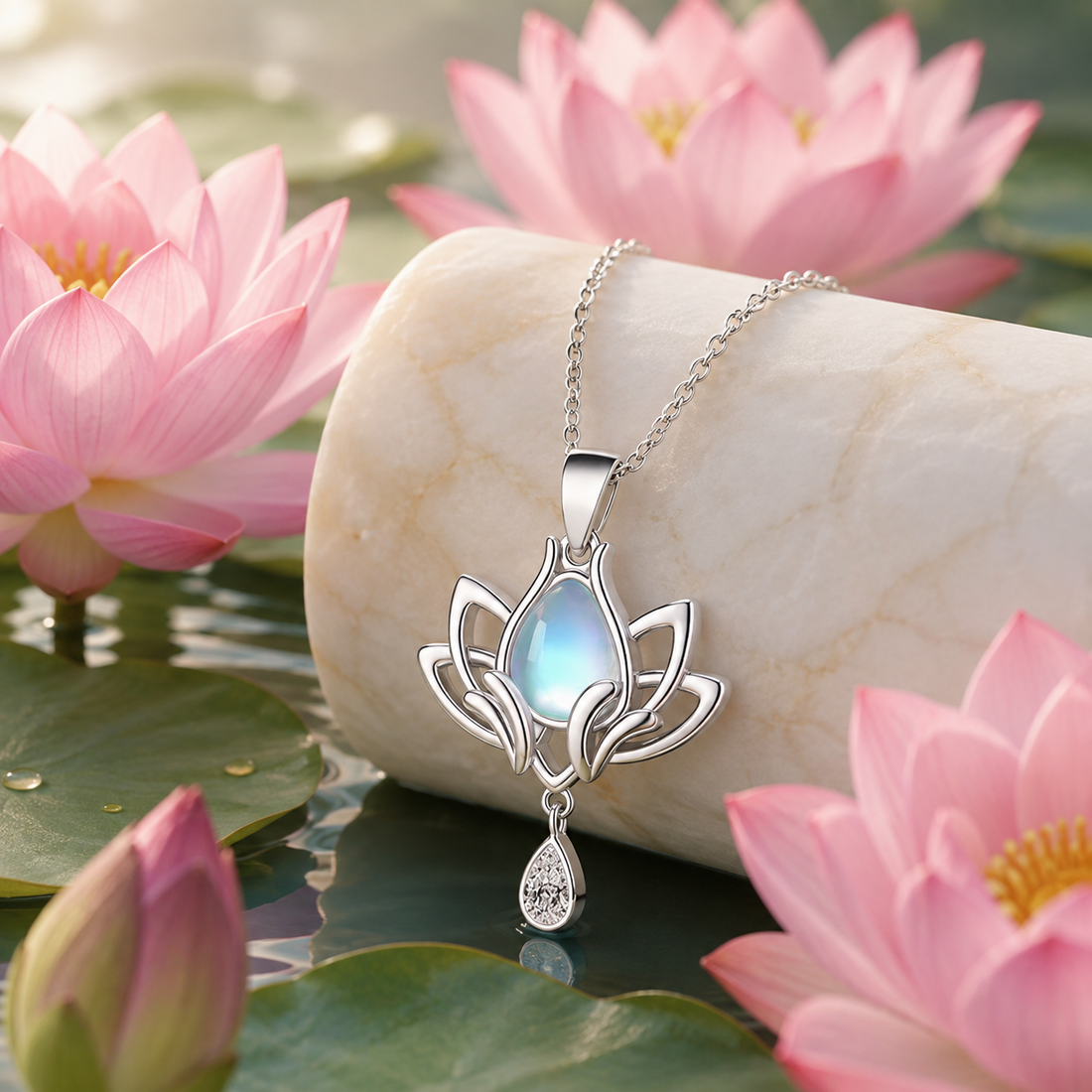 Opal Lotus Leaf Pendant with Crystal Drop