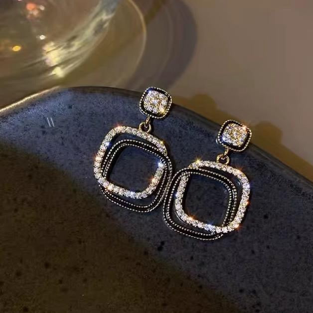 Crystal Square Loop Black Acrylic Drop Earrings