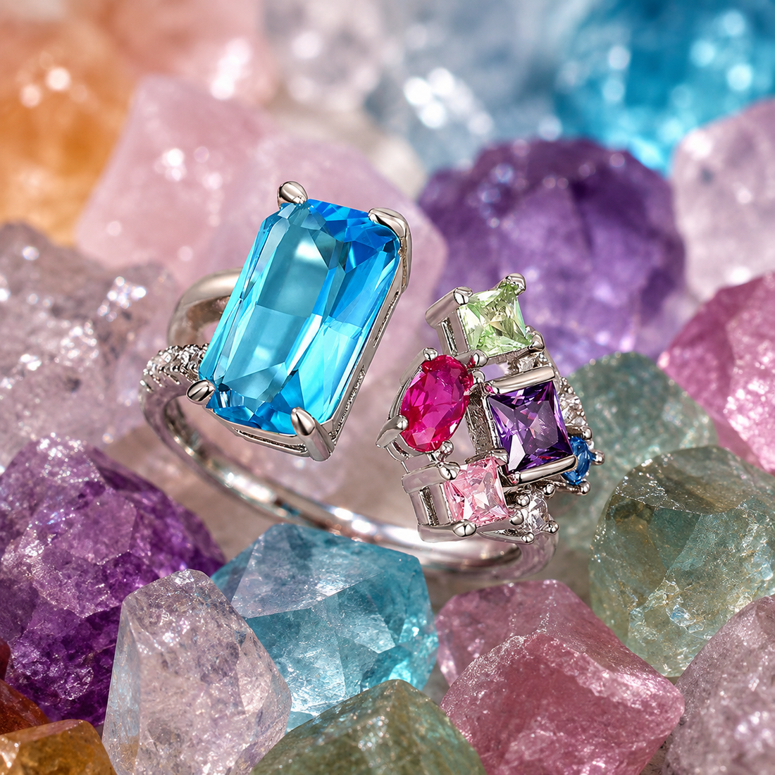 Blue Emerald Cut & Multi Colour Gemstones Cluster Statement Adjustable Ring