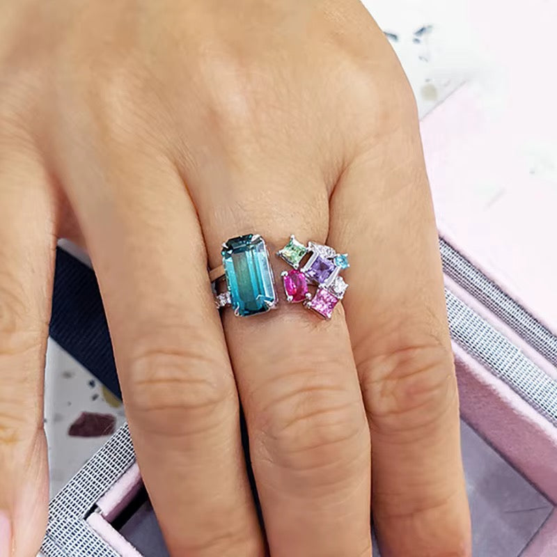 Blue Emerald Cut & Multi Colour Gemstones Cluster Statement Adjustable Ring