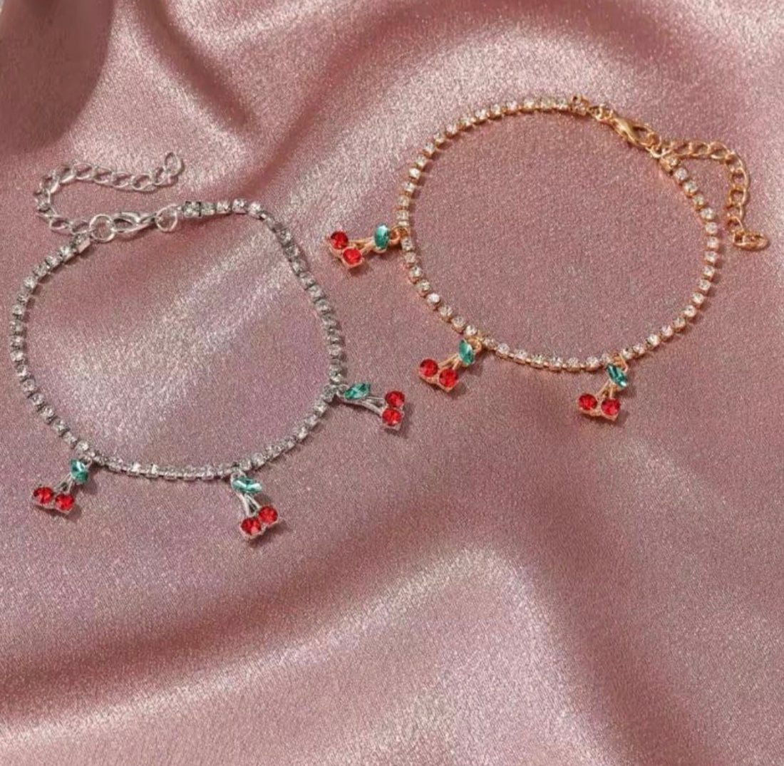 Crystal Cherry Adjustable Anklet in Gold or Silver