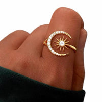 Crystal Adjustable Moon & Star Gold Ring