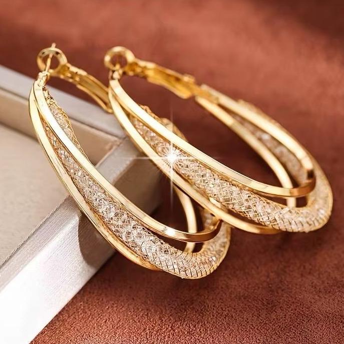 Gold Crystal Mesh Drop Hoop Earrings